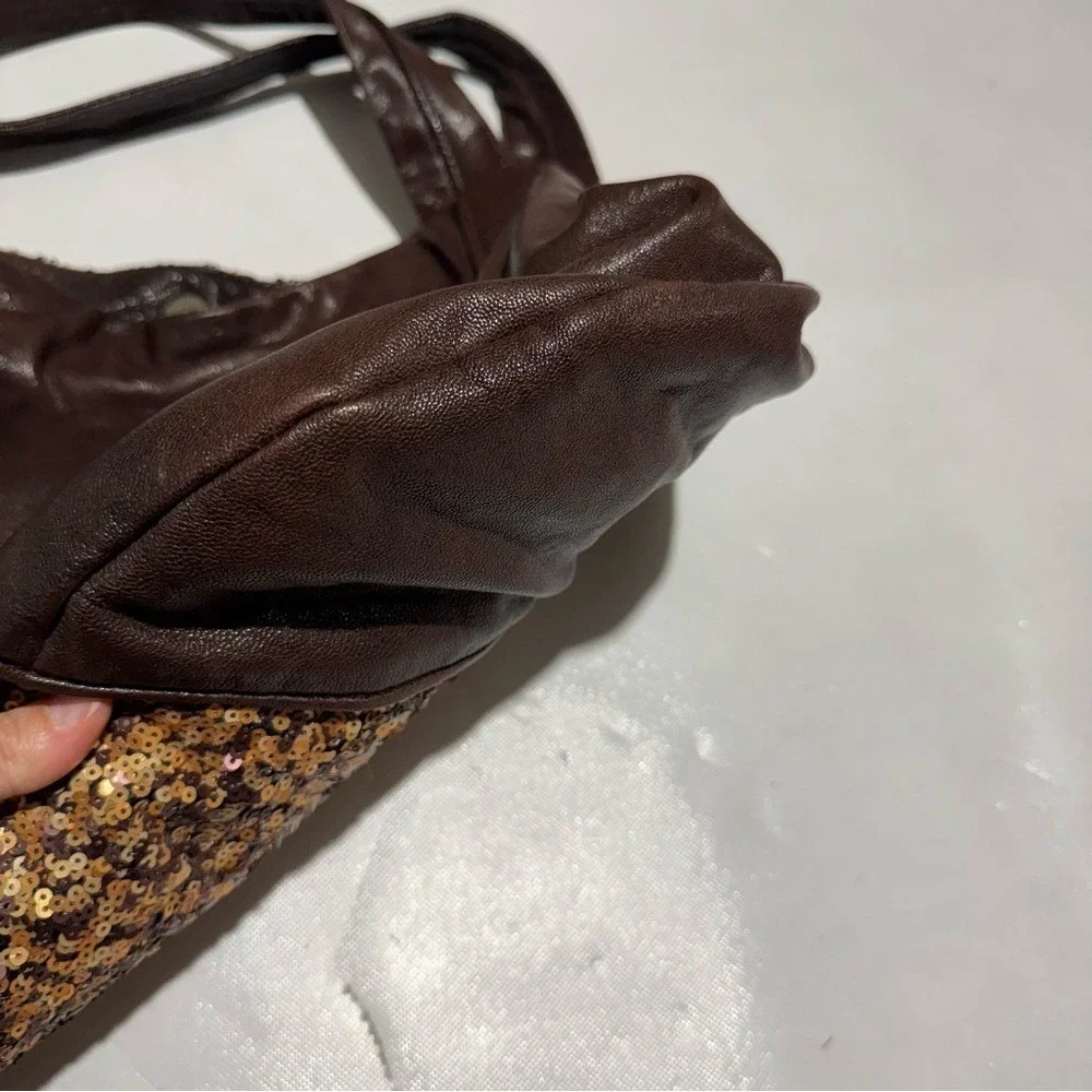 Banana Republic Vtg Y2K Brown Leather Hobo Shoulder‎ Bag Purse Gold Sequin Fall